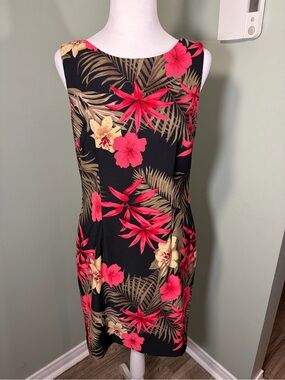 329. Alyx Dress Tropical Floral Black Sheath Dress with Coral & Tan Blooms